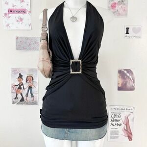 Vintage Y2K Black Rhinestone Square Buckle Halter Top